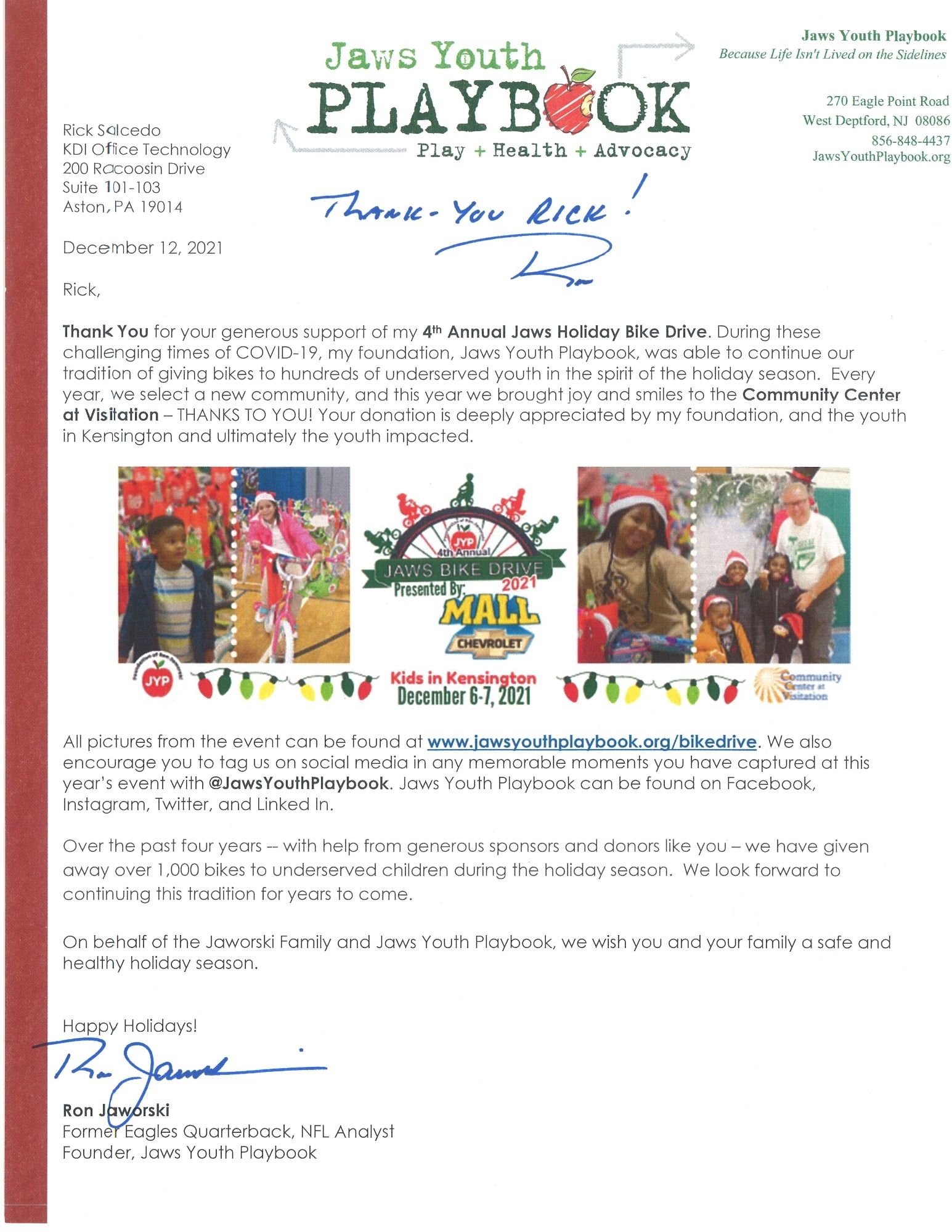 Jaws Youth Playbook letter to the president of KDI thanking the KDI team for the support.