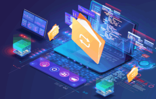 Concept of sorting and organizing information and documents on a laptop as a form of digital conversion from paper to digital. Classification of files, folders, reports, graphs.