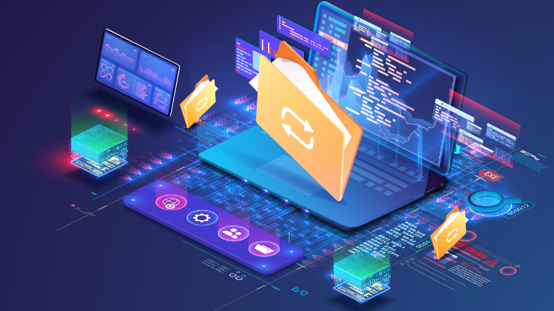 Concept of sorting and organizing information and documents on a laptop as a form of digital conversion from paper to digital. Classification of files, folders, reports, graphs.
