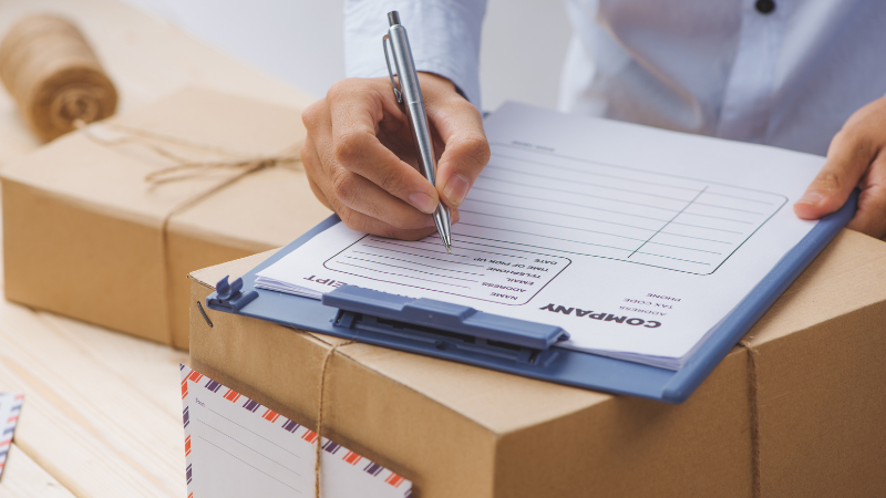 Close up of an employee filling out a mailing slip on top of a box with letters on a desk, signifying mailroom services.