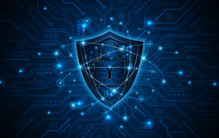 Conceptual image of network security with a shield and a lock in the center of a dark graphic background.