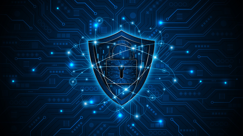 Conceptual image of network security with a shield and a lock in the center of a dark graphic background.