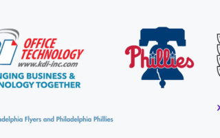 KDI Office Technology partnership logos with the Philadelphia Flyers, Philadelphia Phillies, and Xfinity Mobile Arena