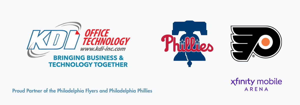 KDI Office Technology partnership logos with the Philadelphia Flyers, Philadelphia Phillies, and Xfinity Mobile Arena
