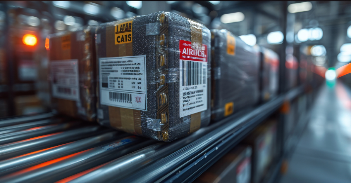 Thermal Printing example of packages with printed labels in a warehouse.