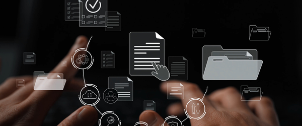 Illustration showing how documents move through connected business workflows and systems.