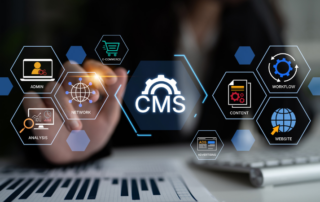 Close up of hands over a calculator and spreadsheets with analytics with conceptual icons above, signifying enterprise content management for businesses.