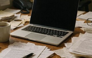 Cluttered desk with scattered documents and laptop showing a bottleneck in document workflow