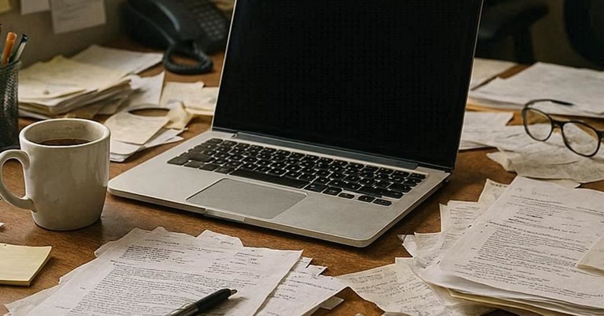 Cluttered desk with scattered documents and laptop showing a bottleneck in document workflow