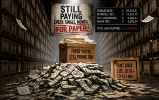 Offsite paper storage costs piling up with boxes, files, and cash to illustrate ongoing monthly fees and high exit costs