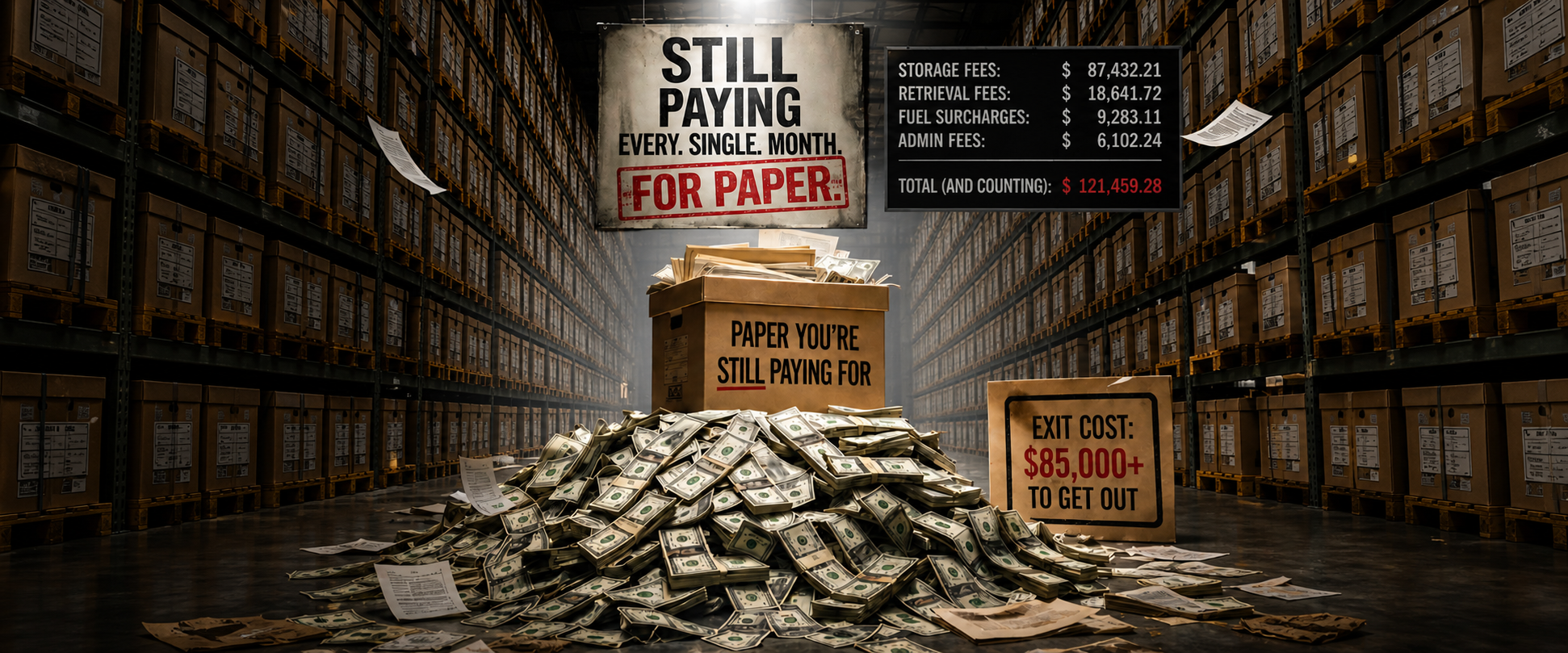 Offsite paper storage costs piling up with boxes, files, and cash to illustrate ongoing monthly fees and high exit costs