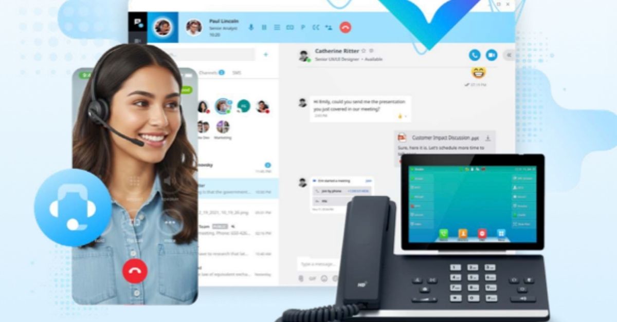Modern business communication platform showing cloud calling, video meetings, messaging, collaboration, and AI-powered communication tools