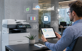 Office professional reviewing a printer management dashboard beside a multifunction office printer in a modern workspace, with visual icons representing analytics, toner levels, maintenance, cloud connectivity, and security.