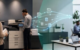 Employees collaborating with modern office technology to improve productivity and business workflows.