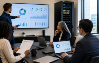 Business and IT professionals use an IT risk assessment checklist to review network infrastructure, security dashboards, devices, and backup readiness.