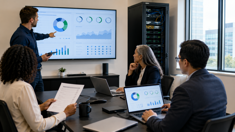 Business and IT professionals use an IT risk assessment checklist to review network infrastructure, security dashboards, devices, and backup readiness.