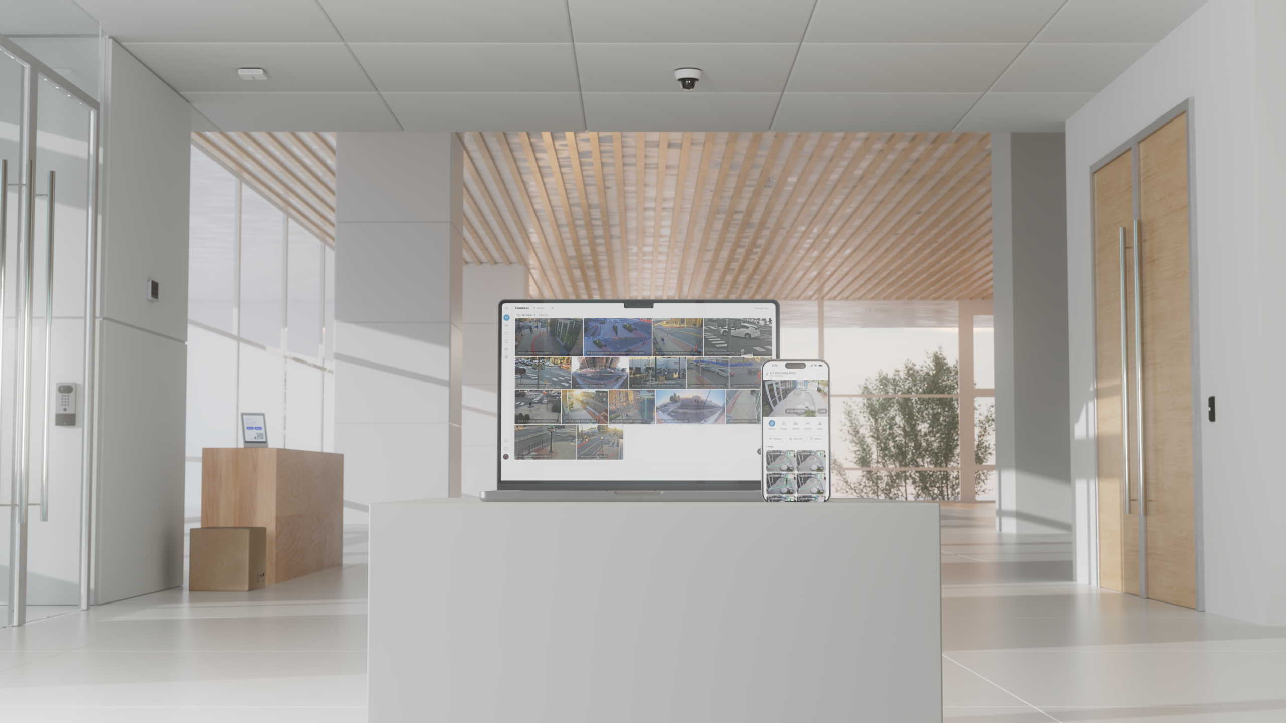 AI-powered physical security platform monitoring cameras across a commercial building.
