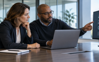 Business professionals reviewing cybersecurity practices in an office
