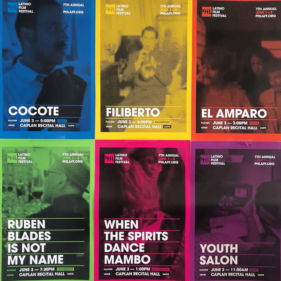 Colorful printed posters produced by Media Copy for the Philadelphia Latino Film Festival, featuring six coordinated film designs.