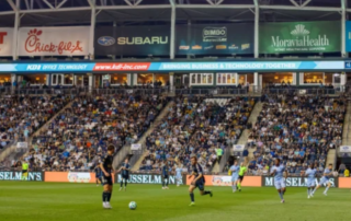 KDI Office Technology digital signage displayed at Subaru Park during a Philadelphia Union soccer match.