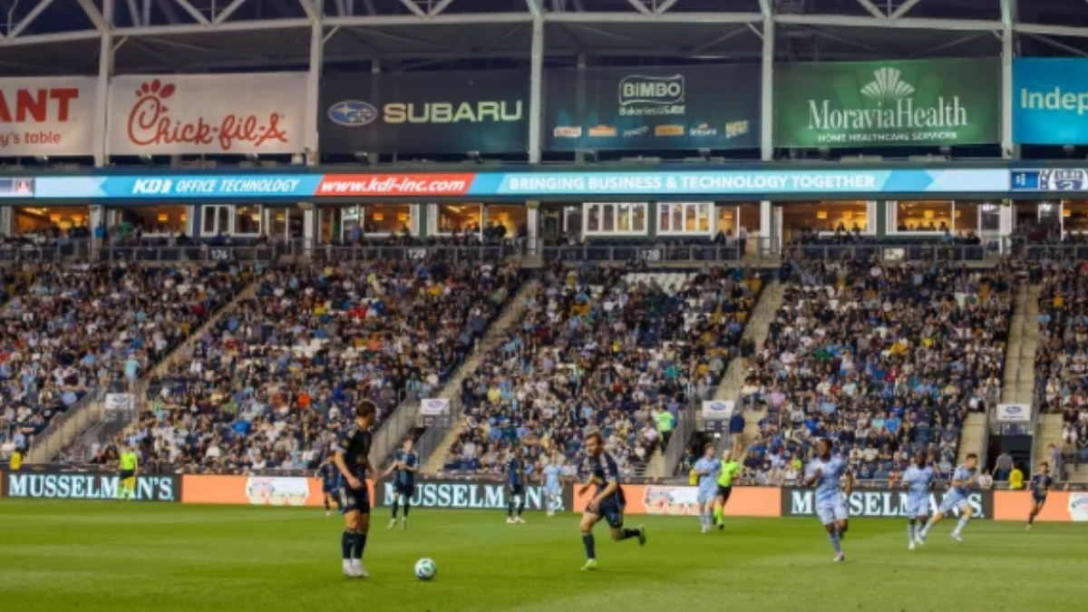 KDI Office Technology digital signage displayed at Subaru Park during a Philadelphia Union soccer match.