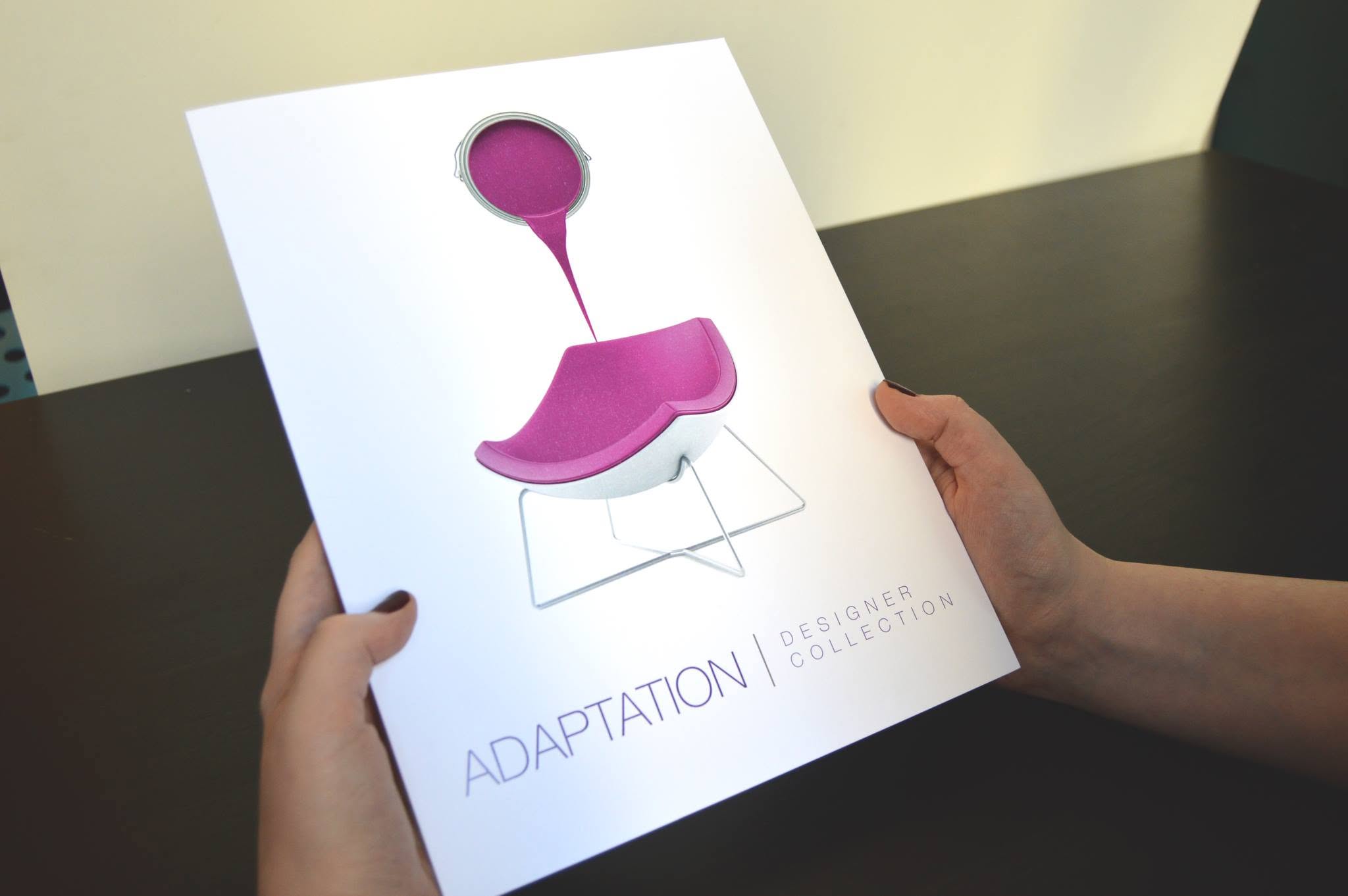 Custom Printed Design Catalog | Media Copy Custom printed Adaptation Designer Collection catalog featuring a modern chair design on the cover.