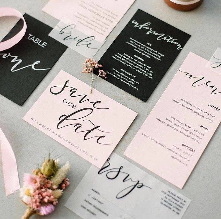 Custom Wedding Invitations & Stationery | Media Copy Custom wedding invitation suite featuring coordinated printed invitations, stationery, and decorative details.