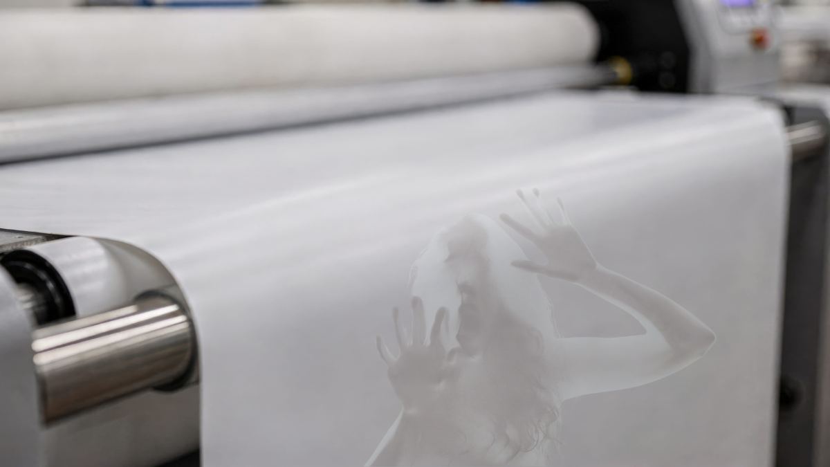 Translucent ghostly figure appearing on paper moving through a commercial printing press.